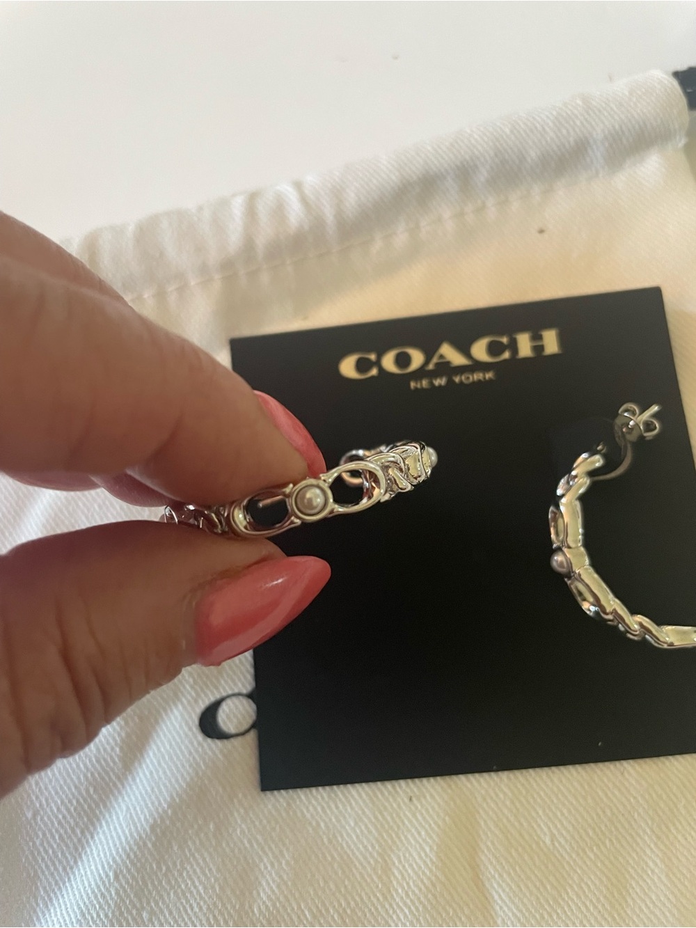 Coach Polished Silver Chain-Link Hoop Earrings - Picture 2 of 5